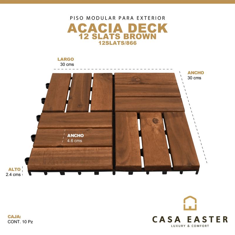 Cargue la imagen en el visor de la galería, Caja de 10 pz-Piso Modular de madera Acacia Color Brown-12slats-866