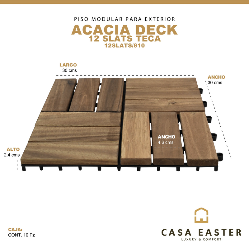Cargue la imagen en el visor de la galería, Caja de 10 pz-Piso Modular de madera Acacia Color Teca-12slats-810 CasaEaster