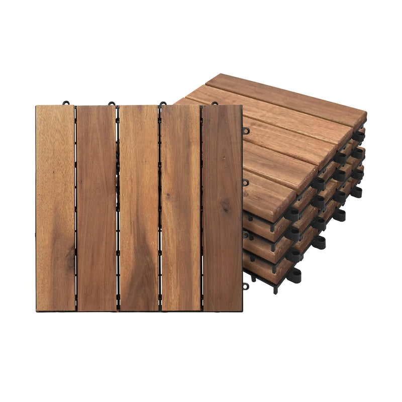 Cargue la imagen en el visor de la galería, Caja de 10 pz-Piso Modular de madera Acacia Color Teca-5 slats-810 CasaEaster