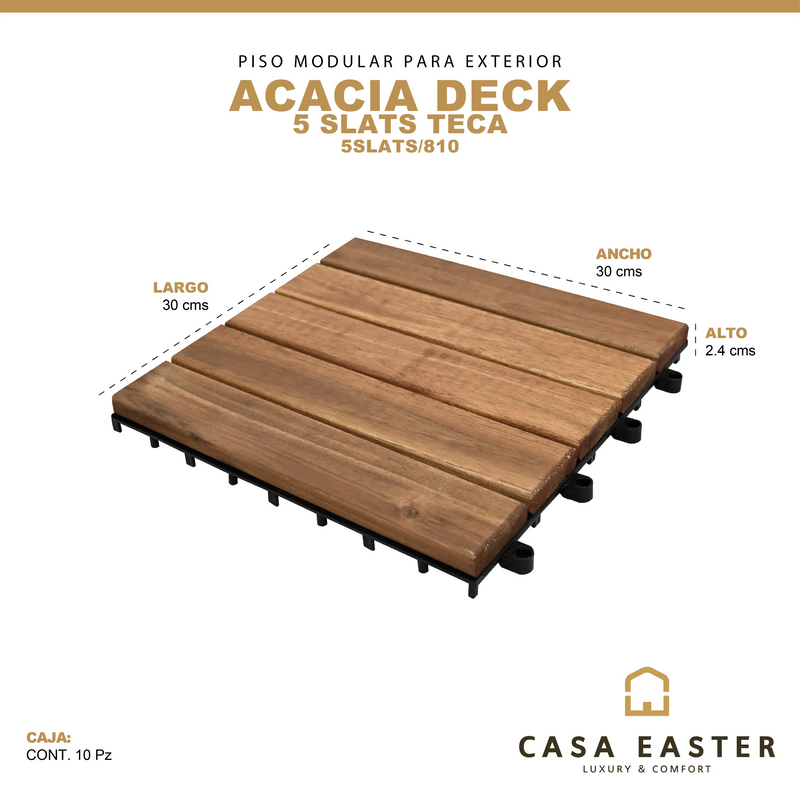 Cargue la imagen en el visor de la galería, Caja de 10 pz-Piso Modular de madera Acacia Color Teca-5 slats-810 CasaEaster