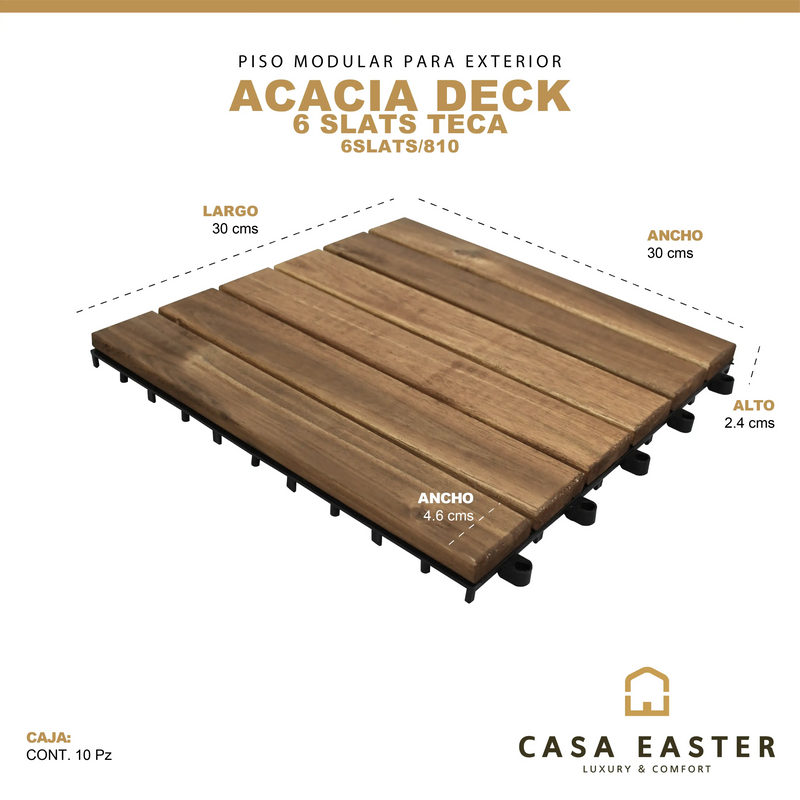 Cargue la imagen en el visor de la galería, Caja de 10 pz-Piso Modular de madera Acacia Color Teca-6slats/810