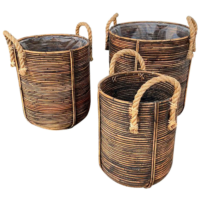 Cargue la imagen en el visor de la galería, Cestos Macerteros Redondo Juego de 3pz Color Cafe Jaspeado KIKA -31979CB