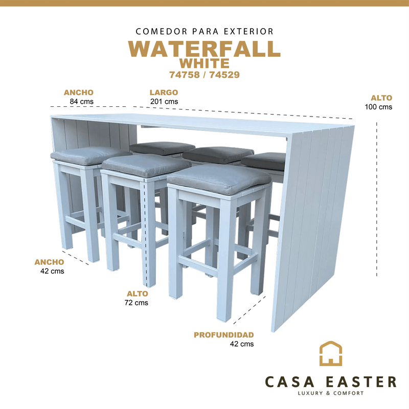 Cargue la imagen en el visor de la galería, Comedor Alto 2.01 M para Exterior o Jardin Waterfall Color Blanco + 6 Bancos Waterfall Color Blanco