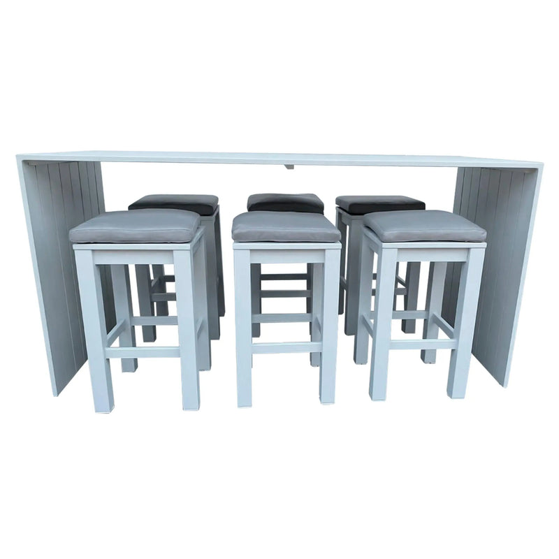 Cargue la imagen en el visor de la galería, Comedor Alto 2.01 M para Exterior o Jardin Waterfall Color Blanco + 6 Bancos Waterfall Color Blanco