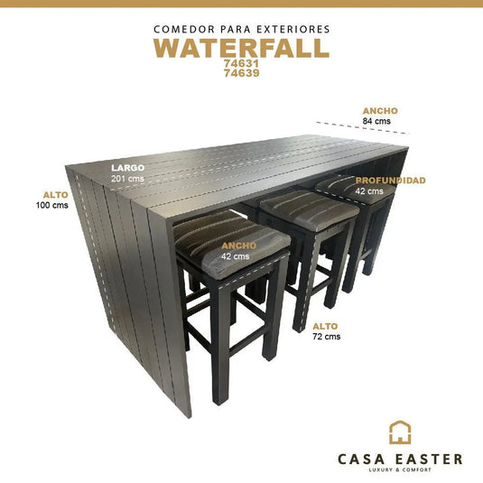 Comedor Alto 2.01 M para Exterior o Jardin Waterfall  Color Carbon + 6 Bancos Waterfall  Color Carbon