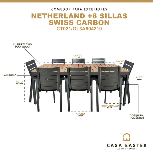 Comedor Netherland + 8 sillas Swiss color Carbon CasaEaster