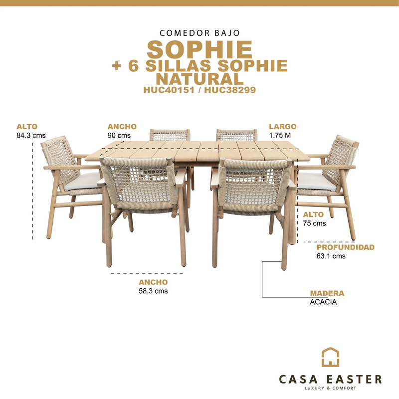 Cargue la imagen en el visor de la galería, Comedor bajo de Madera 1.75 SOPHIE + 6 Sillas SOPHIE CasaEaster
