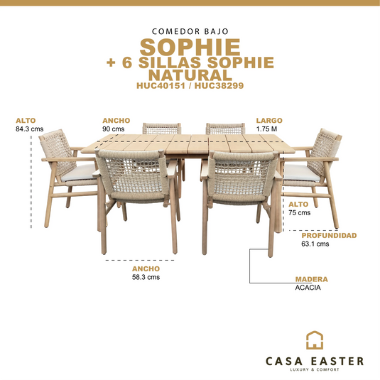 Comedor bajo de Madera 1.75 SOPHIE + 6 Sillas SOPHIE CasaEaster