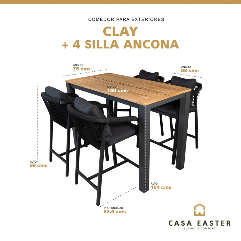 Cargue la imagen en el visor de la galería, Comedor de barra 1.5 M para Exterior o Jardin Clay + 4 Silla Acona Alta Negra