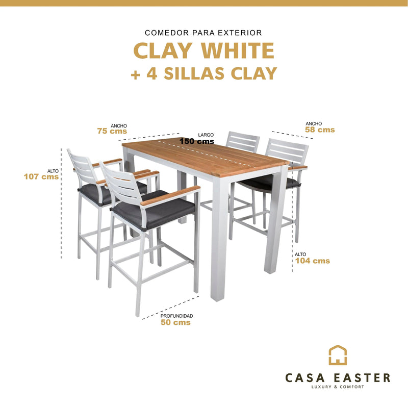 Cargue la imagen en el visor de la galería, Comedor de barra 1.5 M para Exterior o Jardin Clay blanco + 4 Silla Clay Alta blanca