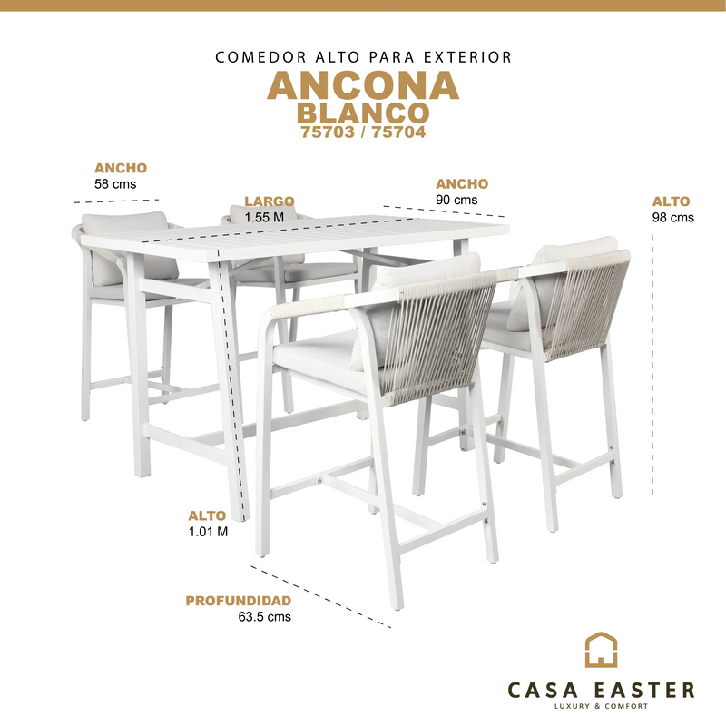 Cargue la imagen en el visor de la galería, Comedor de barra para Exterior o Jardin Ancona Color Blanco + 4 Silla Alta Ancona Color Blanco CasaEaster