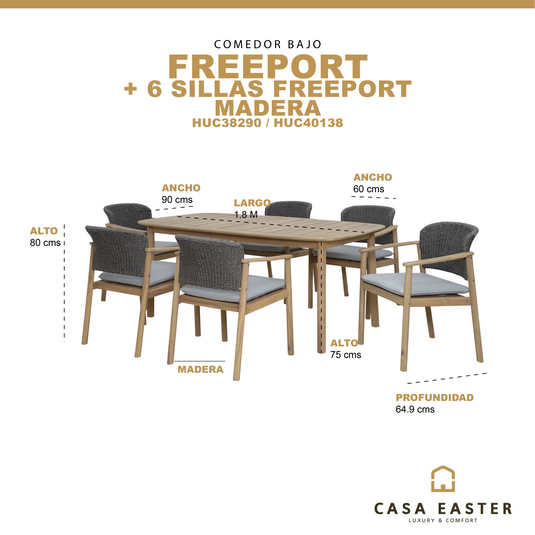 Comedor de madera 1.8x90 con 6 sillas FREEPORT CasaEaster