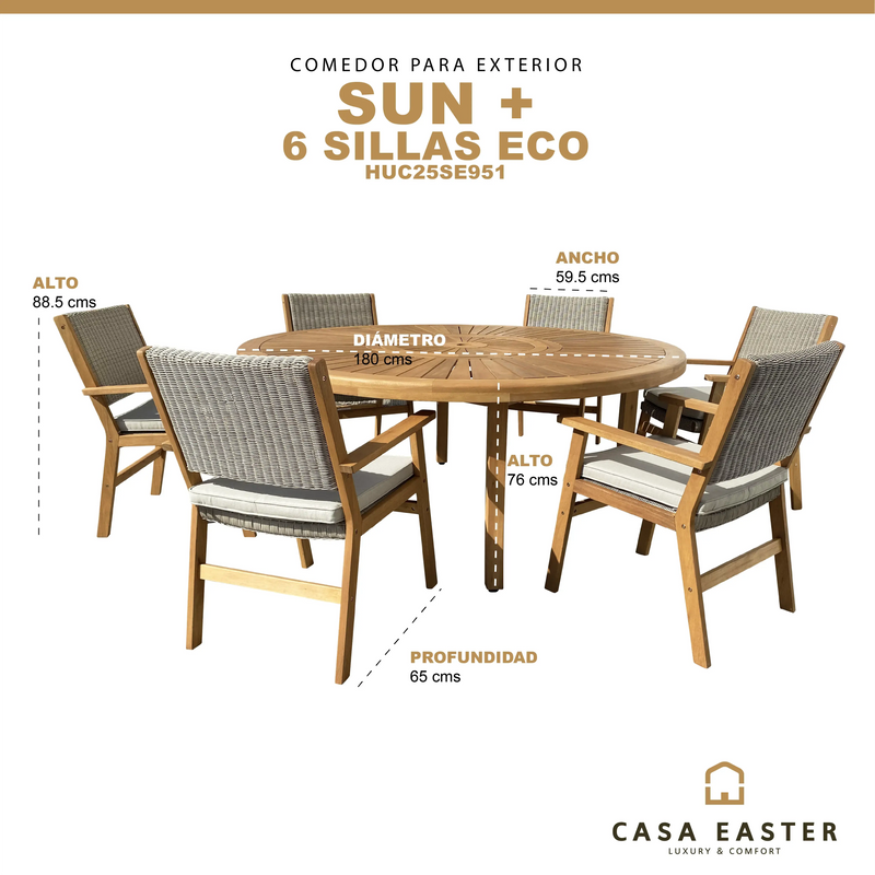 Cargue la imagen en el visor de la galería, Comedor para Exterior o Interior estilo redondo SUN 1.8 m + 6 SILLAS ECO-HUC25SE951