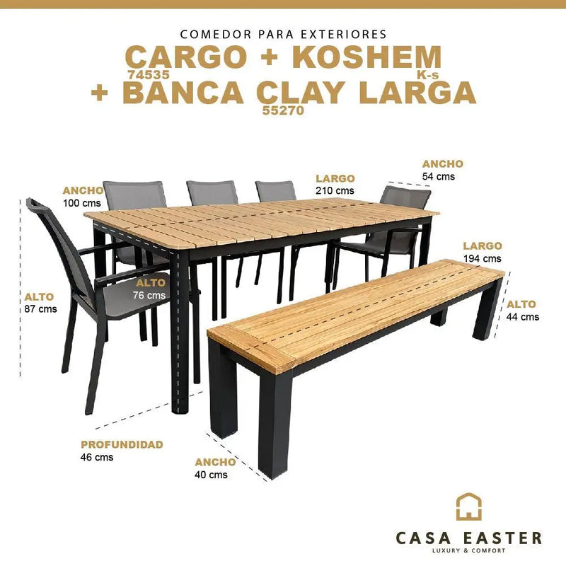 Cargue la imagen en el visor de la galería, Comedor para Exterior o Jardin 2.1 M Cargo + 5 Sillas Koshem + Banca Clay Larga Negro