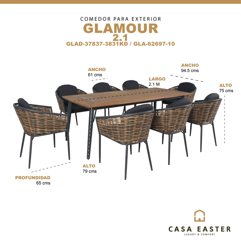 Cargue la imagen en el visor de la galería, Comedor para exterior Glamour 2.1m color carbon + 8 sillas glamour color carbon CasaEaster