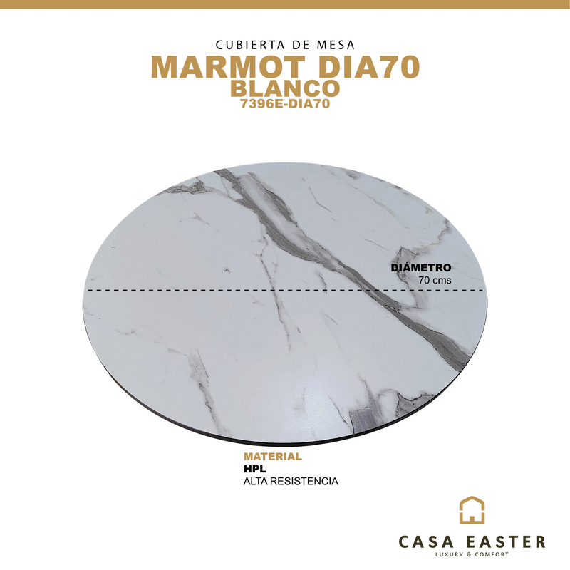Cargue la imagen en el visor de la galería, Cubierta de mesa Laminado de Alta Presión HPL Color Blanco MARMOT-7396E-DIA70 CasaEaster