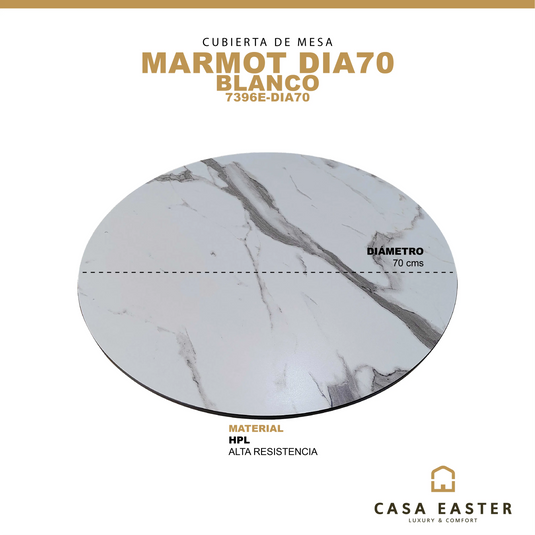 Cubierta de mesa Laminado de Alta Presión HPL Color Blanco MARMOT-7396E-DIA70 CasaEaster