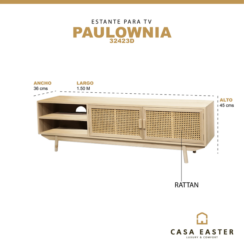 Cargue la imagen en el visor de la galería, Estante para TV,  color natural con Rattan, Paulownia Mod:32423D-415D CasaEaster