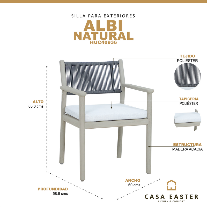 Cargue la imagen en el visor de la galería, Silla de madera Albi para interior y exterior color natural - HUC40936