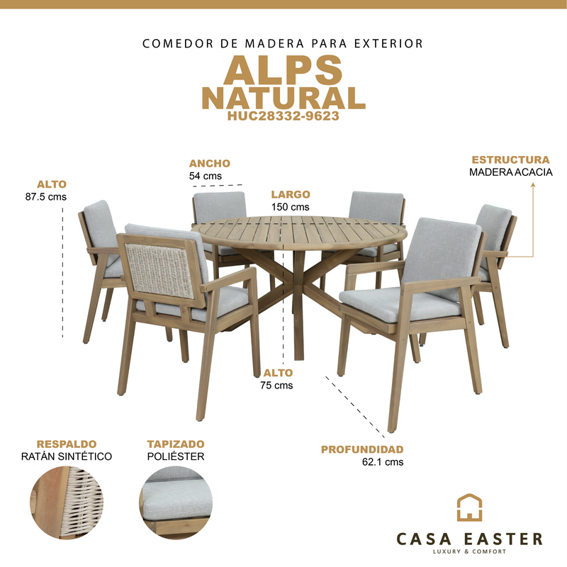 Cargue la imagen en el visor de la galería, Comedor redondo de madera ALPS 1.5M + 6 sillas Alps color natural - HUC28332-9623