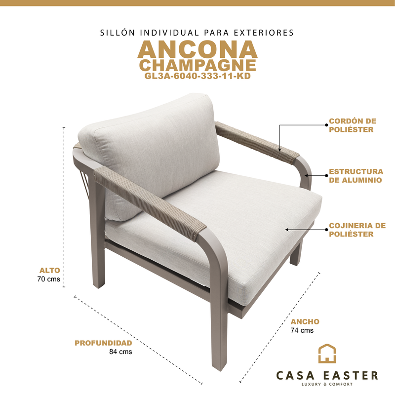 Cargue la imagen en el visor de la galería, Sillon Individual Ancona Color Champagne - GL3A-6040-111