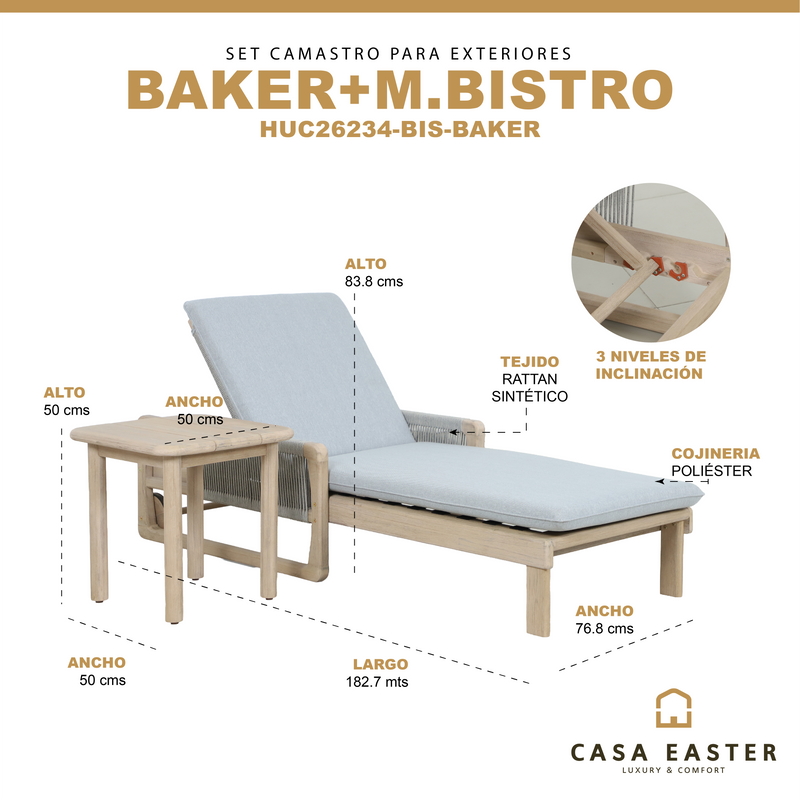 Load image into Gallery viewer, Set camastro de esterior con mesa bistro Baker en madera color natural - HUC26234-BIS-BAKER