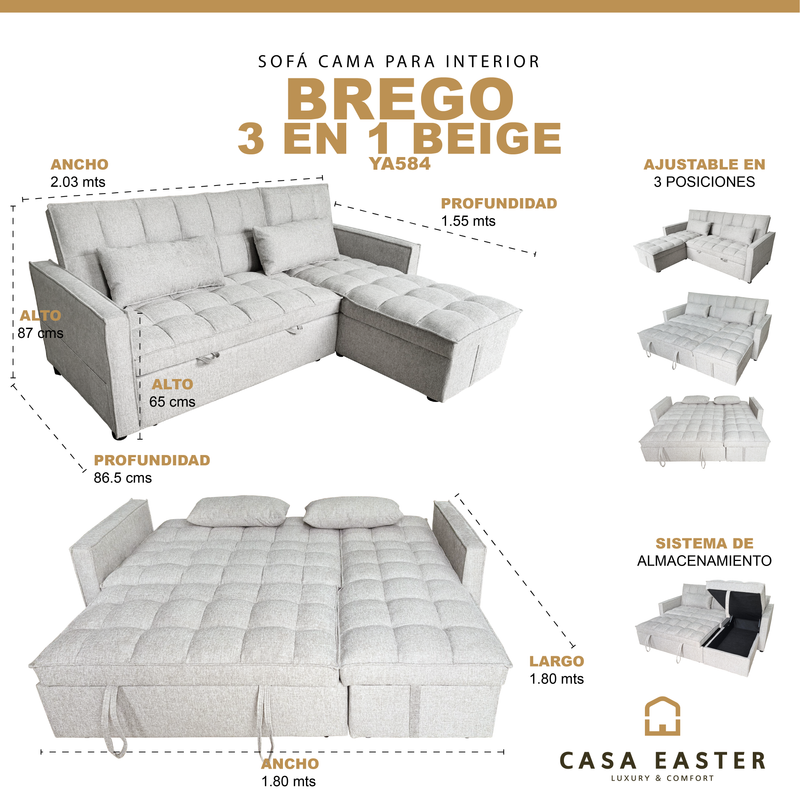 Cargue la imagen en el visor de la galería, Sofá cama 3 en 1 corner con almacenamiento BREGO color Beige claro - YA584