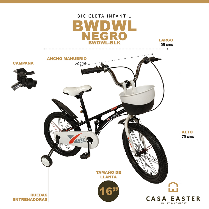Cargue la imagen en el visor de la galería, Bicicleta Infantil de 16 Pulgadas BWDWL-BLK Color negro - BWDWL-BLK