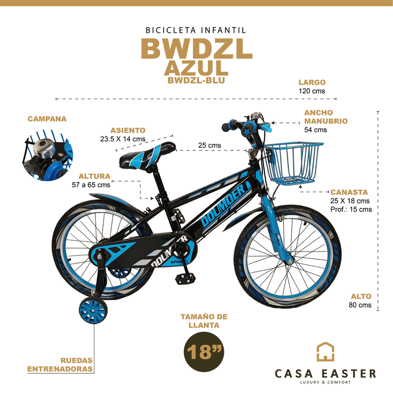Cargue la imagen en el visor de la galería, Bicicleta Infantil de 18 Pulgadas BWDZL-BLU Color azul - BWDZL-BLU