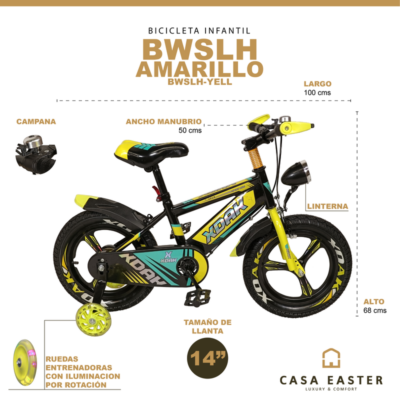 Cargue la imagen en el visor de la galería, Bicicleta Infantil de 14 Pulgadas BWSLH-YELL Color amarillo - BWSLH-YELL