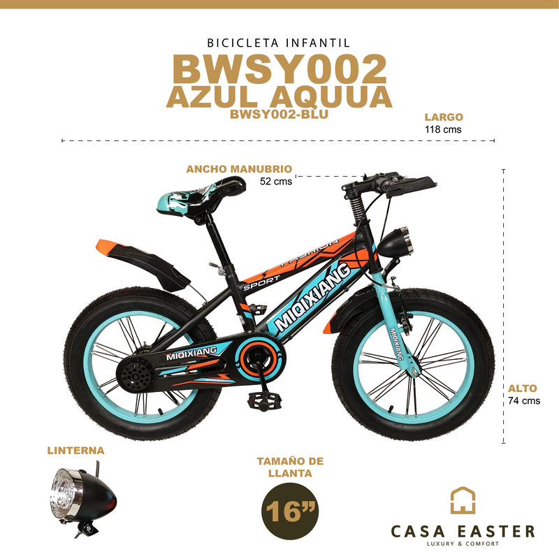 Cargue la imagen en el visor de la galería, Bicicleta Infantil de 16 Pulgadas BWSY002-BLU Color azul aquua - BWSY002-BLU
