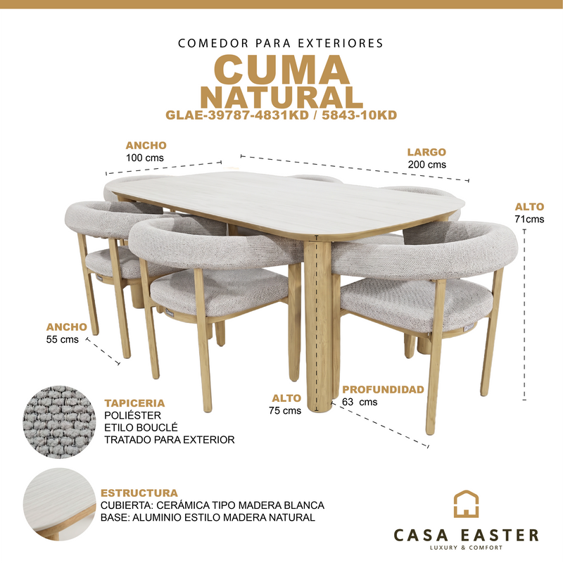 Cargue la imagen en el visor de la galería, Comedor de exterior Cuma 2M + 6 sillas Cuma de aluminio estilo madera - GLAE-39787-4831KD / 5843-10KD
