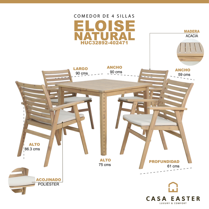 Cargue la imagen en el visor de la galería, Comedor de madera Eloise 90 CM + 4 sillas eloise HUC402471 color natural - HUC32892-402471