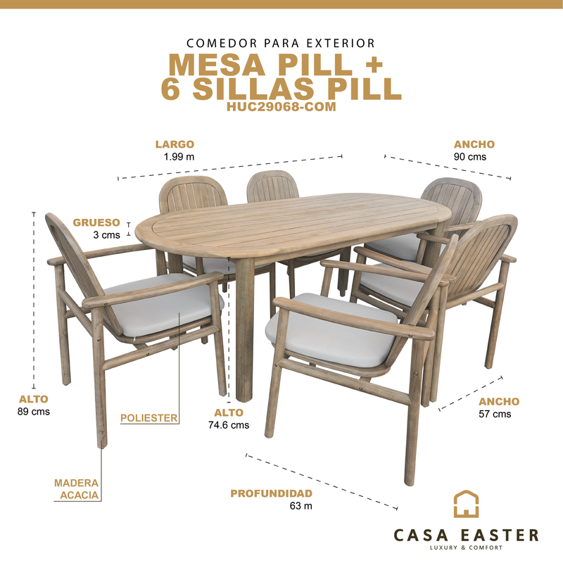 Cargue la imagen en el visor de la galería, Comedor Pill 1.99 M+ 6 sillas Pill color Natural - HUC29068-COM