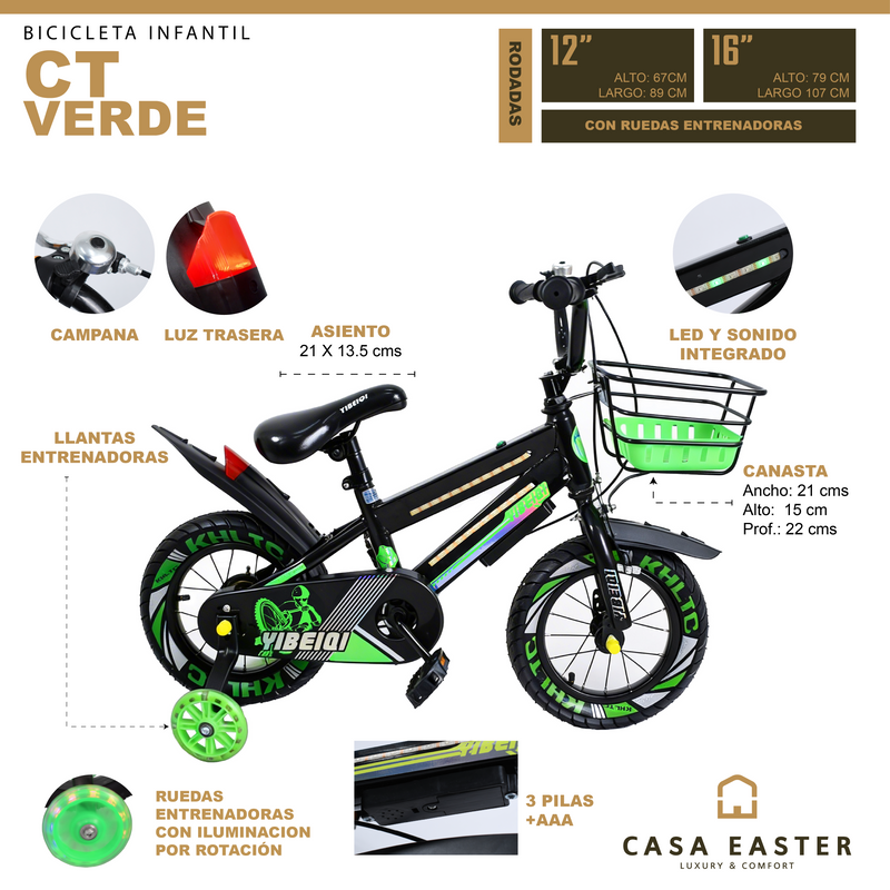 Cargue la imagen en el visor de la galería, Bicicleta infantil CT de 16" Color Verde - 16CT-VE