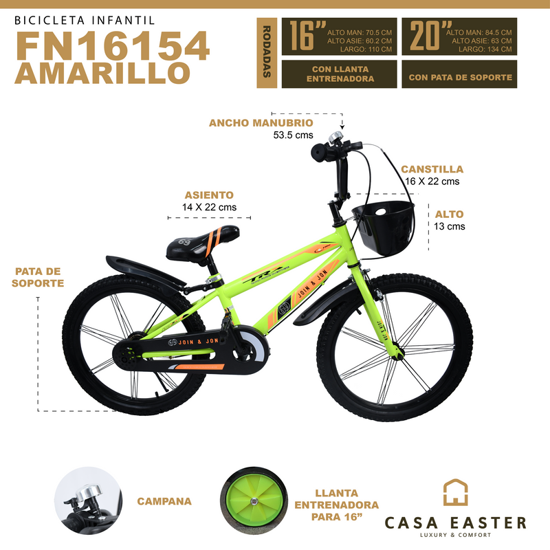 Cargue la imagen en el visor de la galería, Bicicleta de 16" color FN16154 color Amarillo - FN16154160-AM