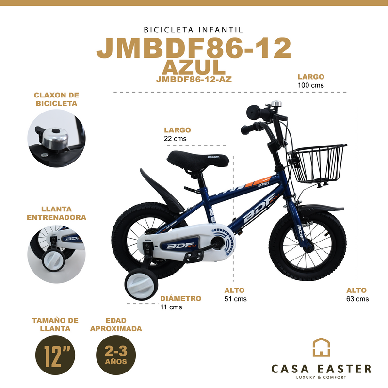 Cargue la imagen en el visor de la galería, Bicicleta Infantil de 12" JMBDF86-12 color Azul - JMBDF8612-AZ