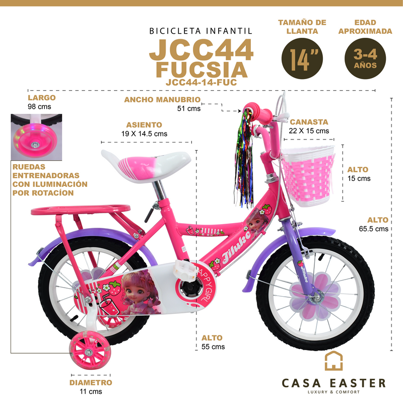 Cargue la imagen en el visor de la galería, Bicicleta Infantil de 14" JCC44-14 color Fucsia - JCC44-14-FUC