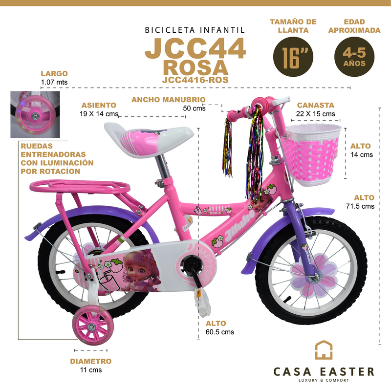 Cargue la imagen en el visor de la galería, Bicicleta Infantil de 16" JCC44-16 color Rosa - JCC44-16-ROS