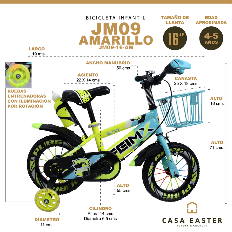 Cargue la imagen en el visor de la galería, Bicicleta Infantil de 16" JM09-16 color Amarillo - JM09-16-AM