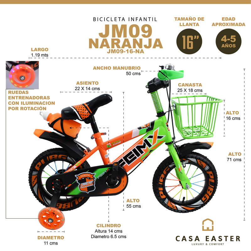 Cargue la imagen en el visor de la galería, Bicicleta Infantil de 16" JM09-16 color Naranja - JM09-16-NA
