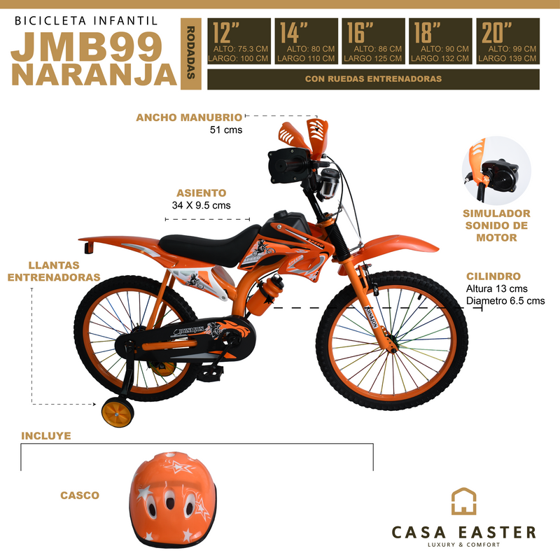 Cargue la imagen en el visor de la galería, Bicicleta de 16" JMB99 color Naranja - JMB9916-NA