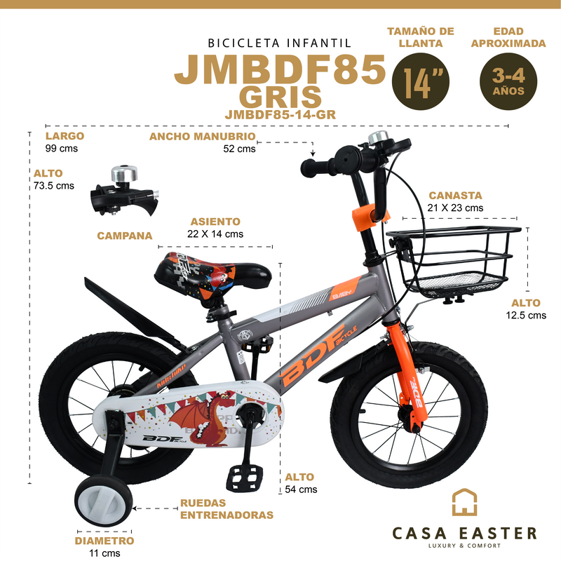 Cargue la imagen en el visor de la galería, Bicicleta Infantil de 14" JMBDF85-14 color Gris - JMBDF8514-GR