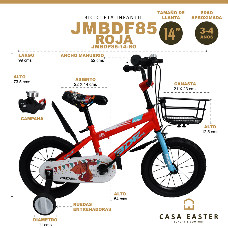 Cargue la imagen en el visor de la galería, Bicicleta Infantil de 14" JMBDF85-14 color Rojo - JMBDF8514-RO