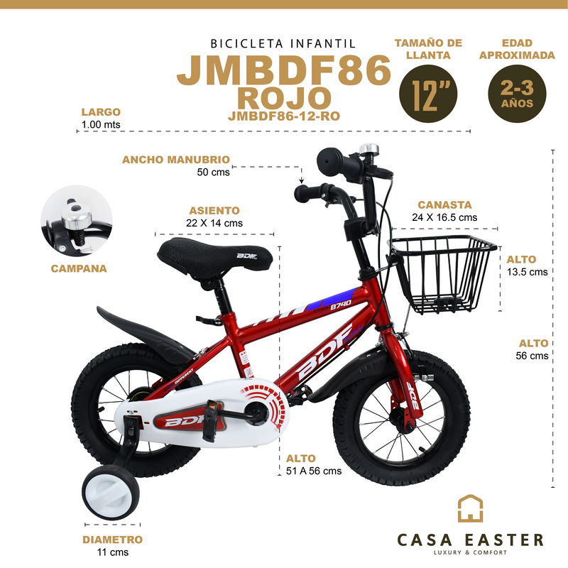 Cargue la imagen en el visor de la galería, Bicicleta Infantil de 12" JMBDF86-12 color Rojo - JMBDF8612-RO