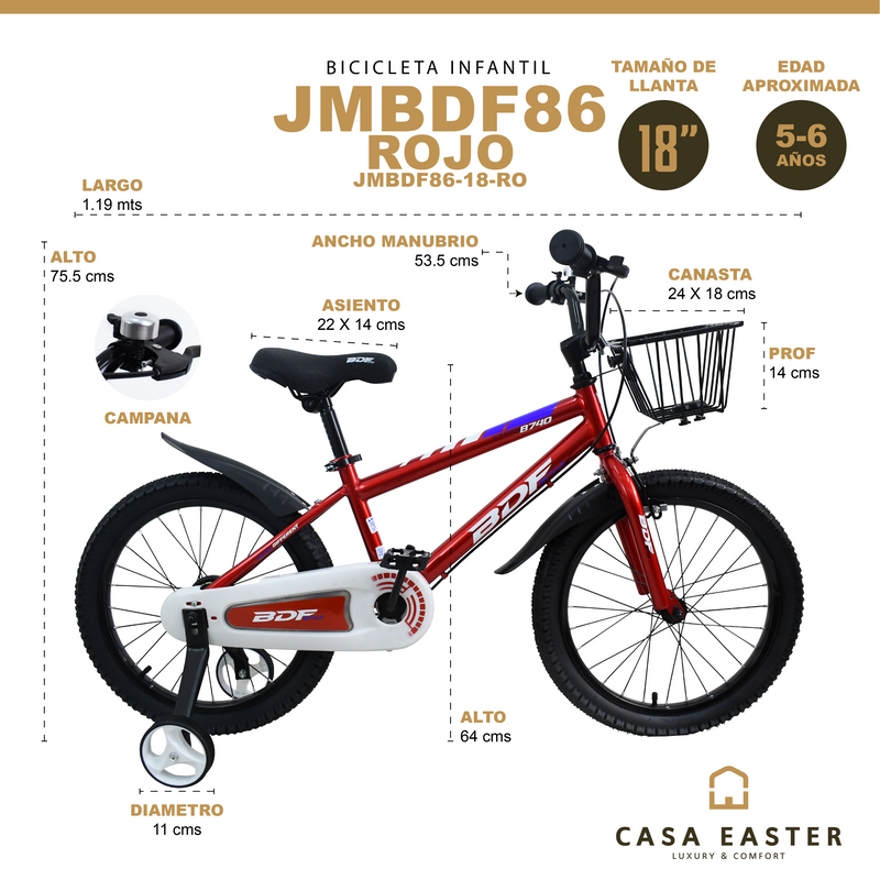 Cargue la imagen en el visor de la galería, Bicicleta Infantil de 18" JMBDF86-18 color Rojo - JMBDF8618-RO