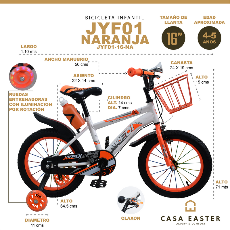 Cargue la imagen en el visor de la galería, Bicicleta Infantil de 16" JYF01-16 color Naranja - JYF0116-NA
