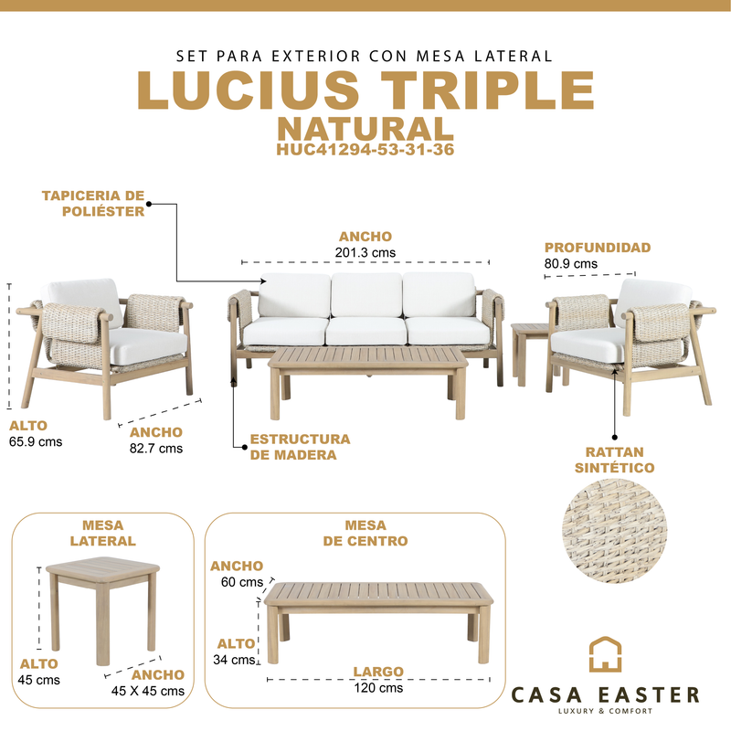 Load image into Gallery viewer, Set triple de madera Licius con mesa de centro y mesa bistro para exterior color natural - HUC41294-53-31-36