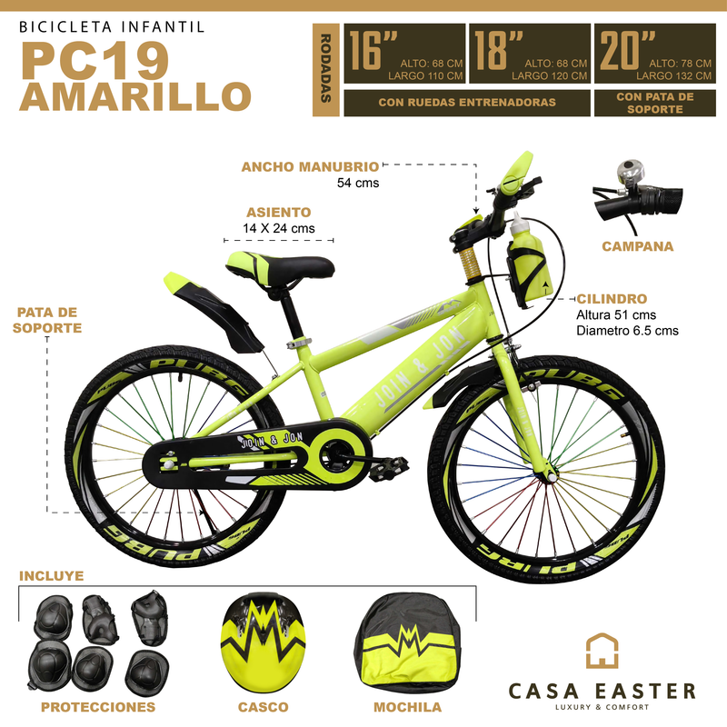 Cargue la imagen en el visor de la galería, Bicicleta de 16" color PC19 color amarillo - PC1916-AM