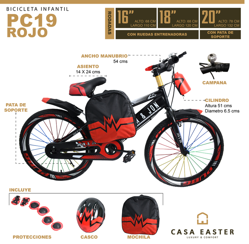 Cargue la imagen en el visor de la galería, Bicicleta de 16" color PC19 color Rojo - PC1916-RO